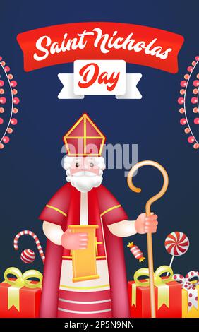 Saint Nicholas Day, Saint Nicholas a apporté des rouleaux de lettres et de cadeaux Illustration de Vecteur