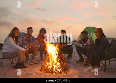 Amis assis autour d'un feu de joie sur la plage le soir Banque D'Images