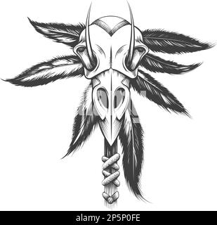 Crâne de Corbeau Totem Stick Tribal Shaman Tattoo Illustration de Vecteur