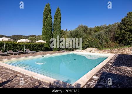 Une piscine sur la colline de Montemassi entourée de cyprès et de lauriers roses dans la province de Grosseto. Italie Banque D'Images