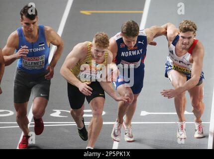 Istanbul, Turquie - 05/03/2023, Risto Lillemets d'Estonie, Manuel Eitel d'Allemagne, Sander Skotheim de Norvège et Kevin Mayer de France, 1000m hommes Heptathlon pendant les Championnats européens d'athlétisme en salle 2023 sur 5 mars 2023 à l'Atakoy Arena d'Istanbul, Turquie - photo Laurent Lairys / DPPI Banque D'Images