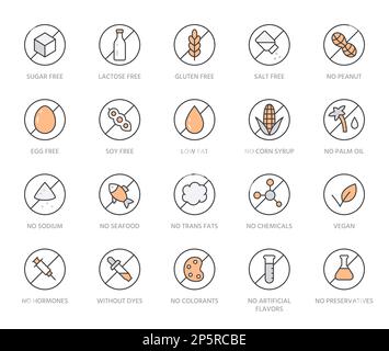 Ensemble d'icônes de la ligne d'allergènes alimentaires. Sans gluten, sucre, lactose, hormone, sans arachide, illustration du vecteur minimal sans soja, gras trans. Signe de contour simple Illustration de Vecteur