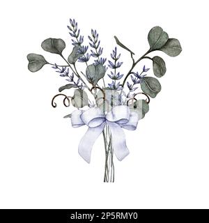 bouquet d'eucalyptus, lavande décoré d'un noeud lilas Banque D'Images