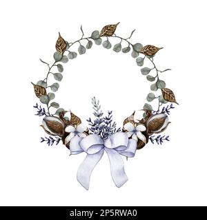 couronne d'eucalyptus, coton, lavande, ornée d'un noeud lilas Banque D'Images