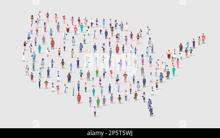 CONCEPT créatif DE la population AMÉRICAINE sur la carte des États-Unis. Une grande foule de personnes différentes se tenant ensemble dans une forme de symbole de pays des États-Unis. Multiculturel Banque D'Images