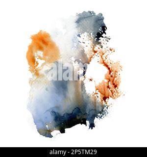 Éclaboussures d'aquarelle bleu-orange. Illustration d'arrière-plan abstraite colorée avec taches de peinture et taches isolées sur blanc Banque D'Images