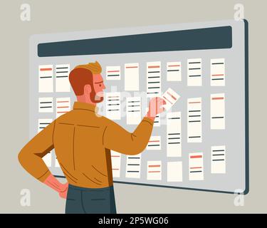 Personnage de l'homme près du tableau de la mêlée ou du kanban. Mur du lieu de travail avec autocollants de tâches. Travail de bureau, plan de projet, méthode de planification quotidienne. Responsable travaillant avec Illustration de Vecteur