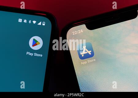 Google Play Store et Apple App Store sur les smartphones Android et Apple iPhone. . Photo de haute qualité Banque D'Images