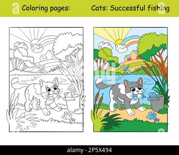 Enfants colorant avec un chat drôle qui attrape le poisson. Cahier de coloriage et modèle de couleur d'illustration à vecteur isolé. Pour livre de coloriage, décoration, impression, Illustration de Vecteur