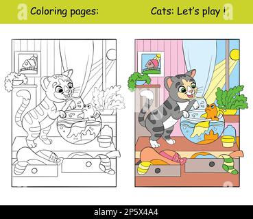 Enfants colorant avec un chat drôle qui attrape le poisson doré. Cahier de coloriage et modèle de couleur d'illustration à vecteur isolé. Pour livre de coloriage, décoration, Illustration de Vecteur