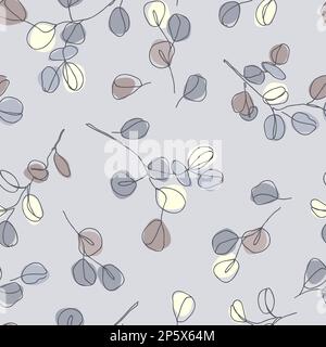 Branches d'eucalyptus de style art à une ligne, motif sans couture dans une palette bleue pastel. Dessin en ligne continue pour le textile, l'emballage, le papier peint Illustration de Vecteur