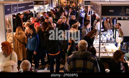 Varsovie, Pologne. 5 mars 2023. Exposition minérale de Varsovie 2023. Les gens regardent et achètent des choses aux stands. Banque D'Images