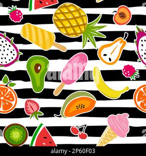 Fruits d'été et crème glacée. Joli vecteur fond sans couture avec ananas, pastèque, citron, orange, fraise, cône de crème glacée. Illustration de Vecteur