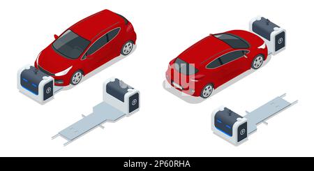 Voiture de parking automatique isométrique avec robot. Robot de voiturier extérieur. Systèmes de stationnement automatisés pour voitures Illustration de Vecteur