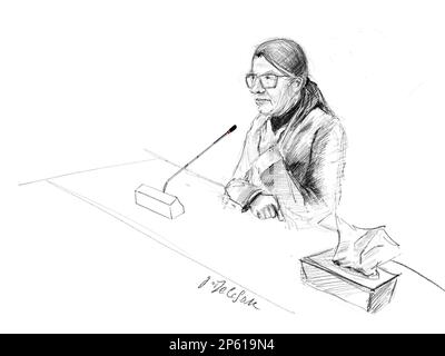 Ce dessin de Jonathan de Cesare montre Karina Ponnet au cours d'une session du procès des attaques de 22 mars 2016, devant le tribunal d'assises de Bruxelles-capitale, le mardi 07 mars 2023, sur le site de Justitia à Haren, Bruxelles. Sur 22 mars 2016, 32 personnes ont été tuées et 324 ont été blessées lors d'attentats suicide à l'aéroport national de Zaventem et à la station de métro Maalbeek/Maelbeek, qui ont été revendiqués par l'ISIL. BELGA PHOTO JONATHAN DE CESARE Banque D'Images