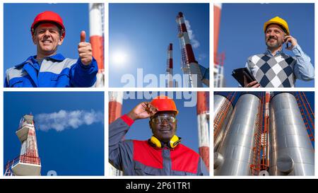 Portrait d'une personne d'affaires avec deux travailleurs en équipement de protection individuelle aux travaux d'entretien dans la centrale électrique de chauffage de district. Concept de travail d'équipe. Banque D'Images