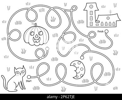 Aidez un chat noir à trouver le chemin vers la maison. Jeu de labyrinthe noir et blanc d'Halloween Illustration de Vecteur