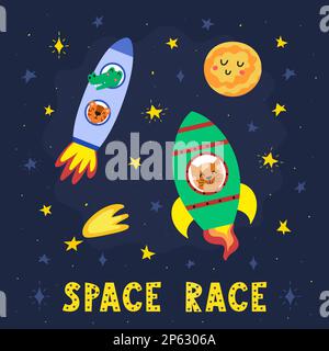 Imprimé Space Race avec des animaux mignons astronautes dans les fusées Illustration de Vecteur