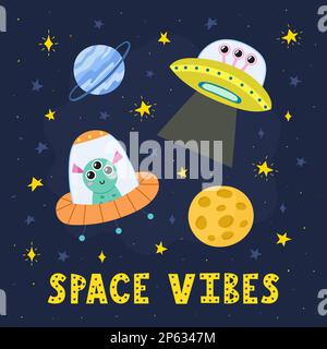 Imprimé Space Vibes avec de jolis extraterrestres dans une soucoupe volante Illustration de Vecteur