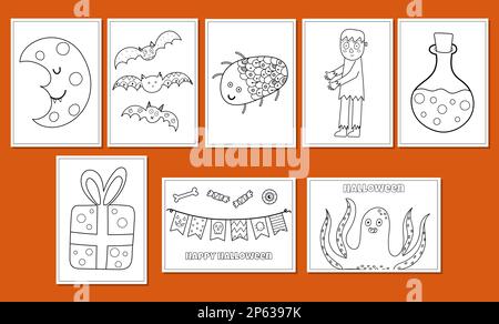 Paquet de pages de coloriage Halloween. Ensemble d'imprimés personnages effrayants et mignons Illustration de Vecteur