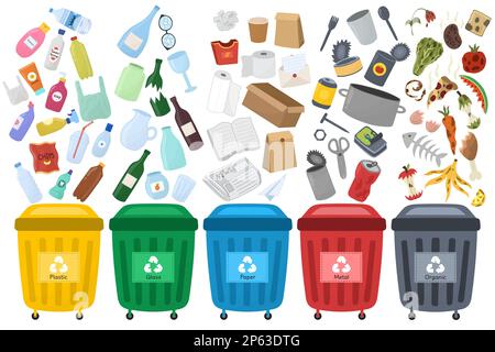 Ensemble de tri des déchets avec bacs de recyclage. Tri des déchets avec des conteneurs de différentes couleurs Illustration de Vecteur