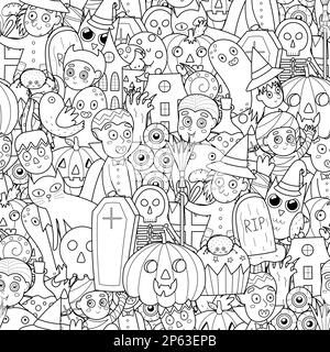 Motif noir et blanc sans couture avec personnages d'Halloween. Page de coloriage Doodle Illustration de Vecteur