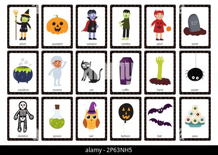 Lot de cartes de fête d'Halloween avec personnages mignons. Grande collection Illustration de Vecteur