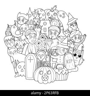 Page de coloriage des personnages d'Halloween Doodle. Imprimé en forme de cercle effrayant. Mandala noir et blanc d'Halloween Illustration de Vecteur