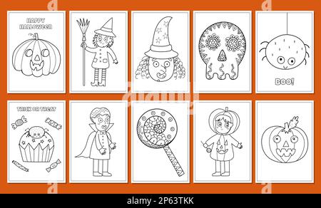 Ensemble de pages de coloriage d'Halloween mignon. Ensemble d'imprimés personnages effrayants et mignons Illustration de Vecteur