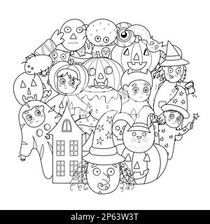 Motif en forme de cercle avec de jolis personnages d'Halloween pour le livre de coloriage. Arrière-plan noir et blanc Illustration de Vecteur