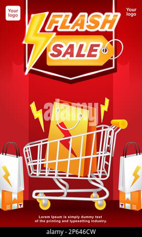 Flash sale, 3D illustration de sac à provisions et de chariot avec effet de foudre Illustration de Vecteur