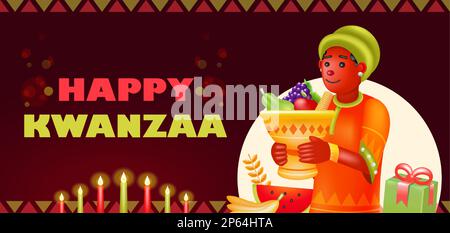 Happy Kwanzaa, 3D illustration de la femme africaine transportant des fruits et des cadeaux Illustration de Vecteur