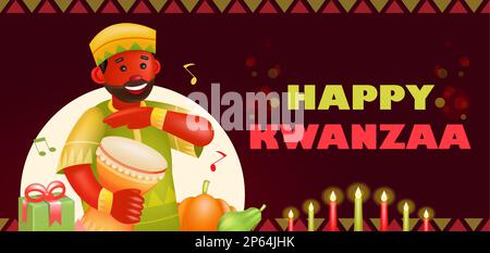 Happy Kwanzaa, 3D illustration de l'homme africain jouant le tambour traditionnel Illustration de Vecteur