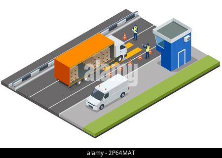 Voiture à conteneur isométrique sur la balance transport de fret, remorque avec conteneur. Remorque chargée sur pont-bascule. Contrôle de pesée Illustration de Vecteur