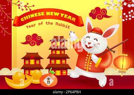 Nouvel an chinois, année du lapin. 3d illustration d'un lapin portant une lanterne avec décoration florale, barres dorées, oranges et fond de maison Illustration de Vecteur