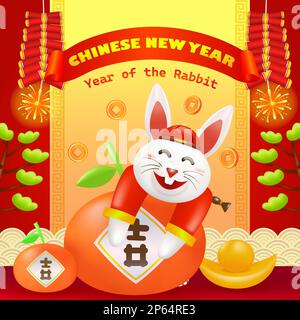 Nouvel an chinois, année du lapin. 3d illustration d'un lapin portant une lanterne avec décoration florale, barres dorées, oranges et fond de maison Illustration de Vecteur