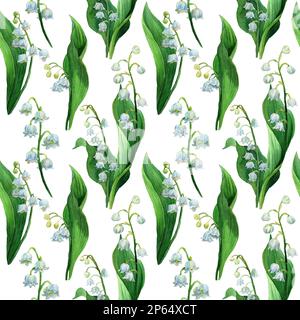 Nénuphars de la vallée, fleurs blanches et feuilles vertes. Fond botanique de la première fleur de printemps dans un style naturel. Banque D'Images