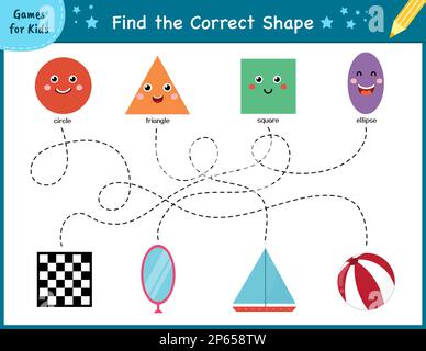 Trouvez la forme correcte. Jeu de labyrinthe pour les enfants. Page d'activité formes d'apprentissage Illustration de Vecteur