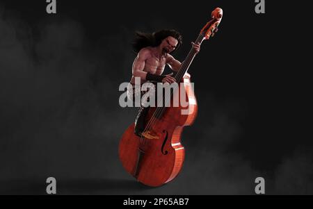 3D Illustration Devil pose et joue une double basse entourée sur fond sombre avec un chemin d'écrêtage. Death Rock musicien. Soirée rock symphonique Banque D'Images