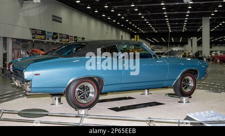 DETROIT, MI/États-Unis - 24 février 2023 : une restauration Chevrolet Chevelle 1969, à Detroit AutoRama. Banque D'Images