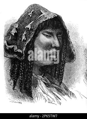 Portrait d’une femme quechua, peuple indigène d’Amérique du Sud, en particulier du Pérou et de Bolivie, vêtue de vêtements traditionnels dont un poncho. Gravure vintage ou illustration 1862 Banque D'Images