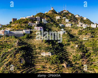 Bâtiments au sommet de la montagne Fayfa, province de Jazan, Arabie Saoudite, Moyen-Orient Banque D'Images