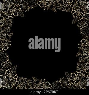 Couronne, cadre rond bouquet de fleurs de printemps ligne dorée sur fond noir Banque D'Images