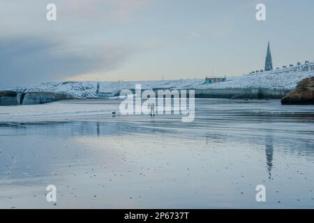 Vue sur le port de Cullercoats et la plage couverte de neige Banque D'Images