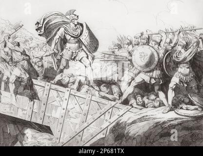 Horatius défend les Pons Sublicius pendant la guerre entre Rome et Clusium. Il y a eu une série de guerres entre les Romains et les Etrusques, la guerre avec Clusium se produisant vers 508 av. J.-C. Lorsque Lars Porsena, roi de Clusium, attaqua Rome cette année-là et tenta d'entrer dans la ville par le pont Sublicius, Publius Horatius Cocles et deux autres, Herminius et Lartius, tentèrent les assaillants tandis que les hommes derrière eux commencèrent à détruire le pont. Herminius et Lartius se sont retirés, Horatius a combattu jusqu'à ce que le pont tombe, puis s'est introduit dans la rivière et a nagé à la sécurité. Après une œuvre de Bartolomeo Pi datant de 19th ans Banque D'Images