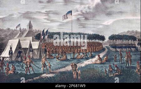 Vue du Grand Traité tenu à Prairie du chien, septembre 1825, au cours duquel plus de 5 000 guerriers indiens des Chippeways, Sioux, sac et renards, Winnebagots, Pottowattomies, Les tribus Menominées, Ioways et Ottawas étaient présentes. Des procédures de traité ont été menées par des représentants des États-Unis dans le but de forger la paix entre des tribus amérindiennes en guerre. Après la photo faite sur place par l'artiste américain James Otto Lewis. Lewis, 1799 - 1858 ont assisté à de nombreuses réunions de traités. Banque D'Images