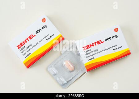 Zentel comprimé, utilisé pour traiter les infections causées par les vers Banque D'Images