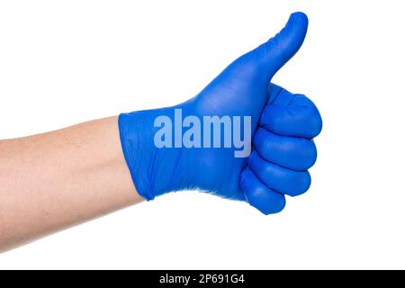 Cachez la main de la personne dans un gant médical bleu montrant le pouce sur fond blanc Banque D'Images