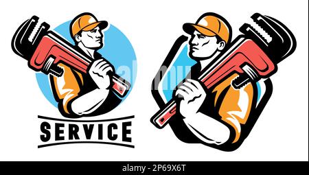 Emblème du service technique, logo de l'atelier. Plomber à l'aide d'une clé à plomberie. Illustration vectorielle de travaux de construction et de réparation Illustration de Vecteur