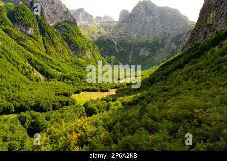 Monténégro. Parc national de Prokletiye. Été. Vallée de la montagne verte. Site touristique populaire. Drone. Vue aérienne Banque D'Images